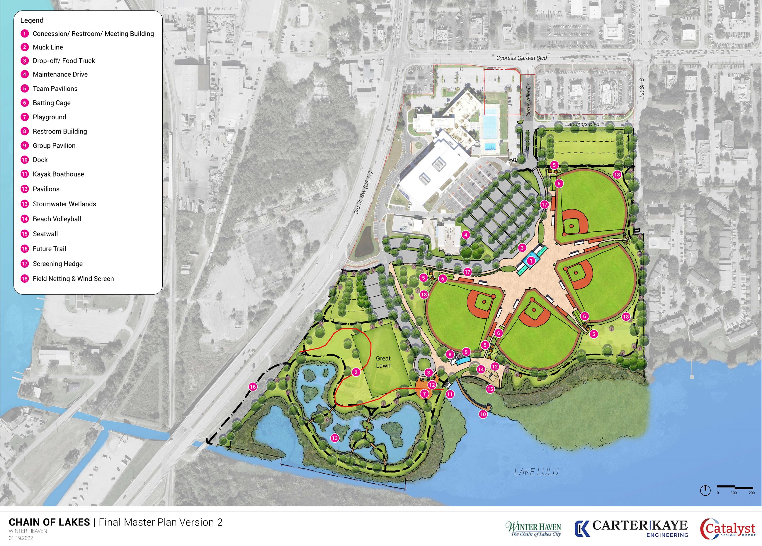 A rendering of the new amenities at the Chain of Lakes park.