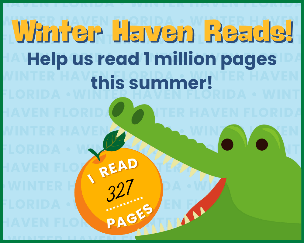 Graphic for Winter Haven Reads with an orange and a gator
