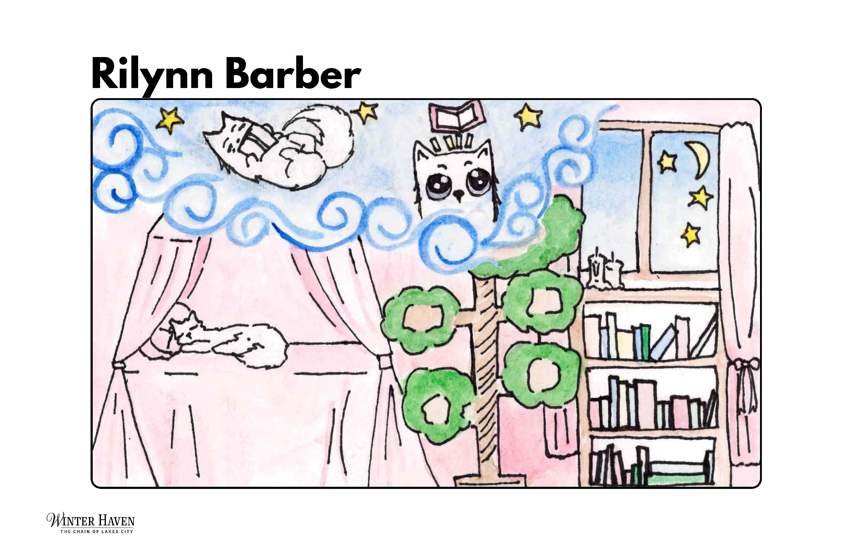 Rilynn Barber art, cats dreaming of books