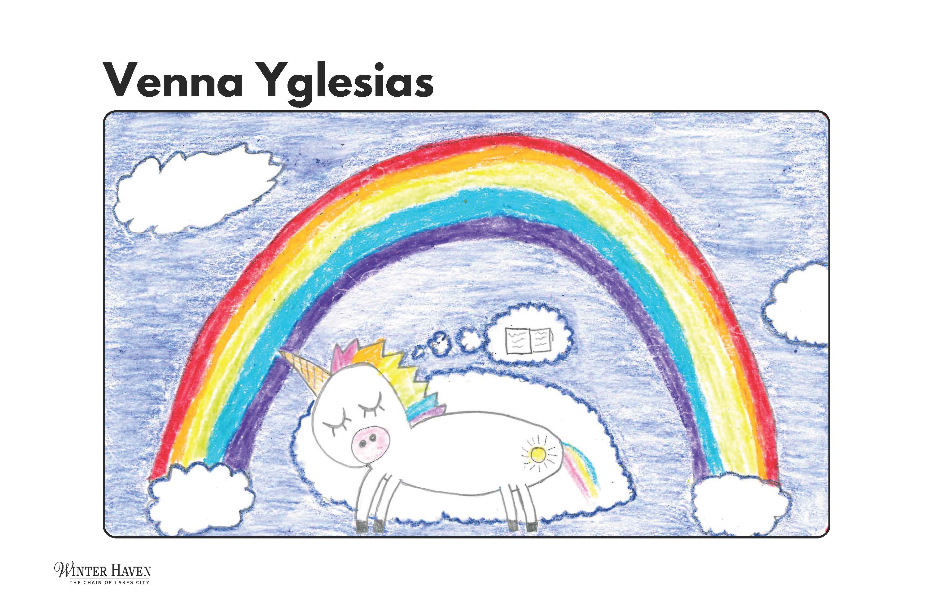 Venna Yglesias art, unicorn dreaming of book under rainbow