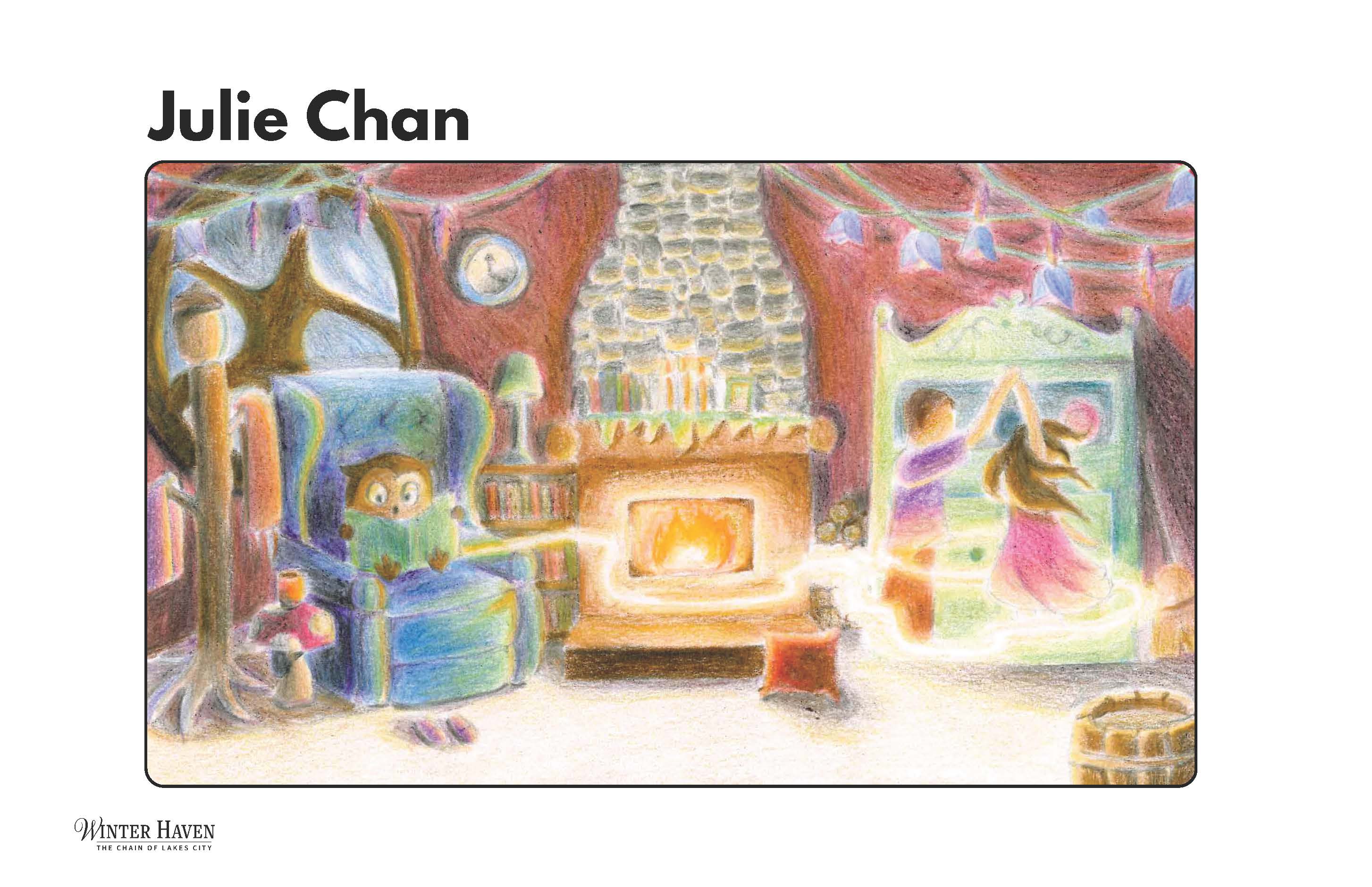 Julie Chan art, an owl reading by a fire