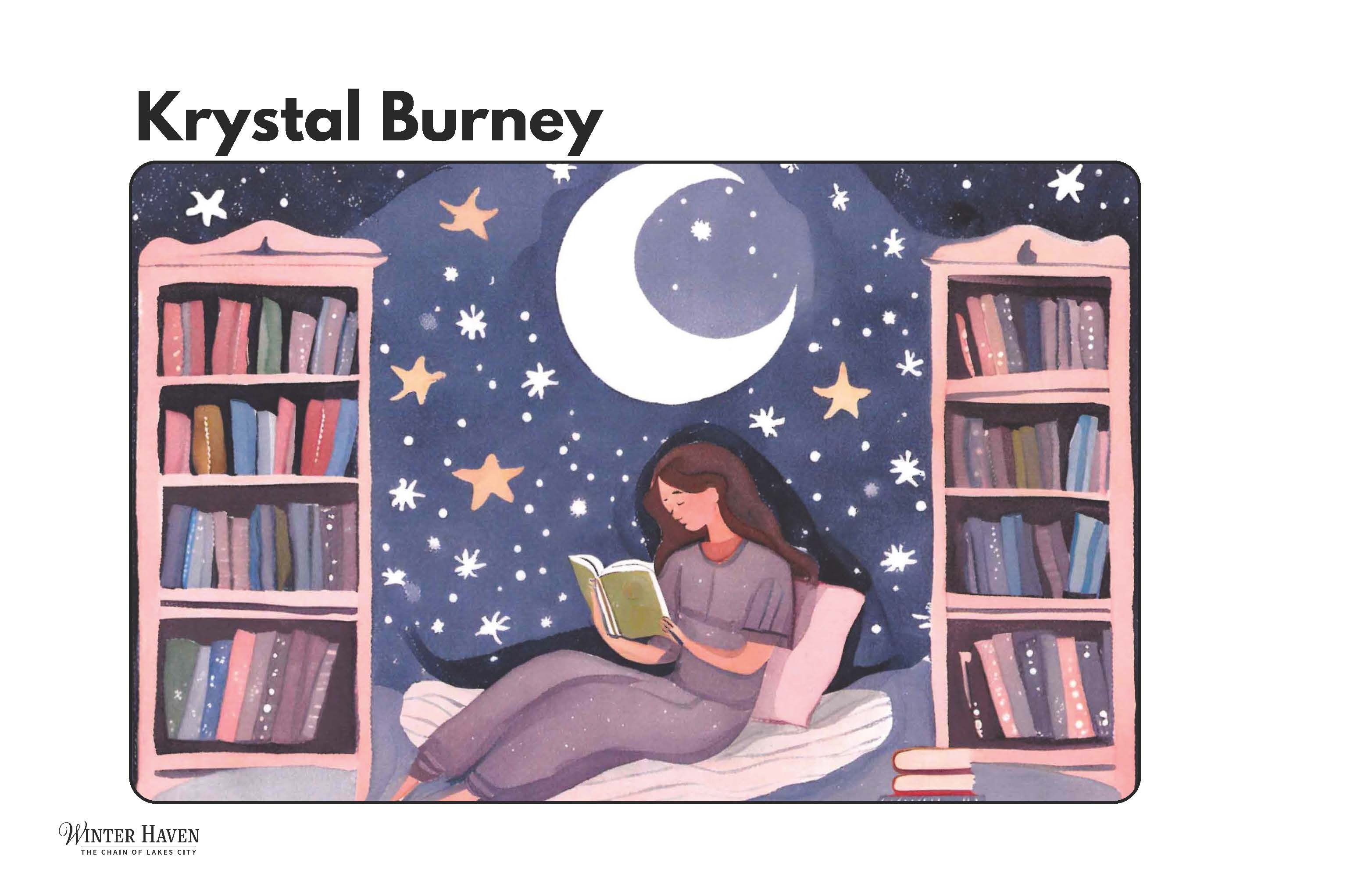 Krystal Burney art, a woman reading under the moon